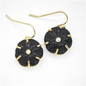 Black Obsidian Flower Hook Earrings Pave Zirconia Gold Plated, approx 17mm