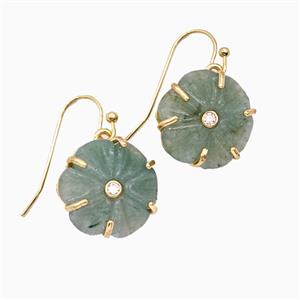 Green Aventurine Flower Hook Earrings Pave Zirconia Gold Plated, approx 17mm