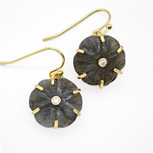 Labradorite Flower Hook Earrings Pave Zirconia Gold Plated, approx 17mm