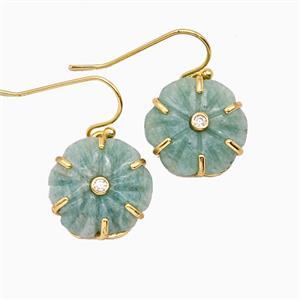 Green Amazonite Flower Hook Earrings Pave Zirconia Gold Plated, approx 17mm