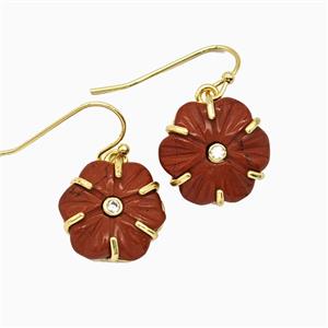 Red Jasper Flower Hook Earrings Pave Zirconia Gold Plated, approx 17mm