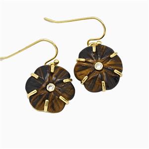 Tiger Eye Stone Flower Hook Earrings Pave Zirconia Gold Plated, approx 17mm