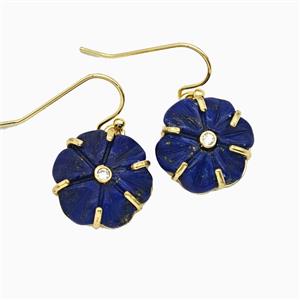 Blue Lapis Lazuli Flower Hook Earrings Pave Zirconia Gold Plated, approx 17mm