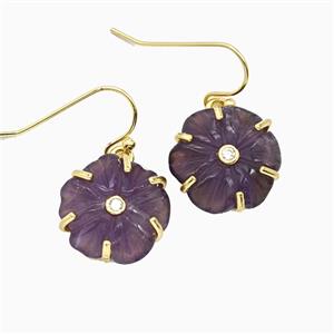 Purple Amethyst Flower Hook Earrings Pave Zirconia Gold Plated, approx 17mm
