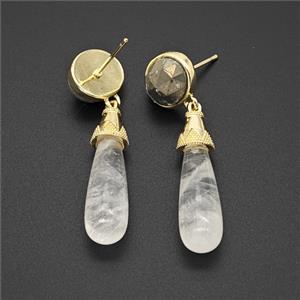 Clear Quartz Teardrop Stud Earrings Gold Plated, approx 8-25mm, 9-11mm