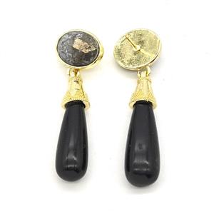 Black Obsidian Teardrop Stud Earrings Gold Plated, approx 8-25mm, 9-11mm