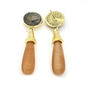 Orange Aventurine Teardrop Stud Earrings Gold Plated, approx 8-25mm, 9-11mm