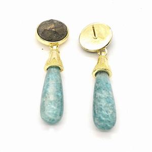 Green Amazonite Teardrop Stud Earrings Gold Plated, approx 8-25mm, 9-11mm