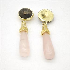 Pink Rose Quartz Teardrop Stud Earrings Gold Plated, approx 8-25mm, 9-11mm