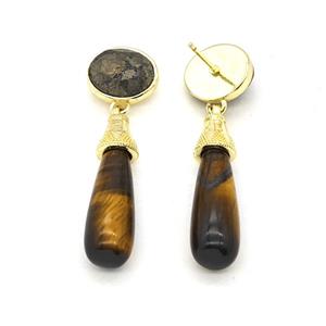 Tiger Eye Stone Teardrop Stud Earrings Gold Plated, approx 8-25mm, 9-11mm