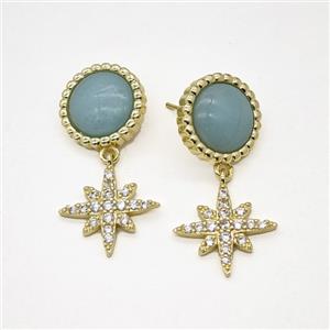 Copper Star Pendant Pave Zirconia Blue Amazonite Gold Plated, approx 16mm, 18mm