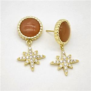 Copper Star Pendant Pave Zirconia Red Aventurine Gold Plated, approx 16mm, 18mm