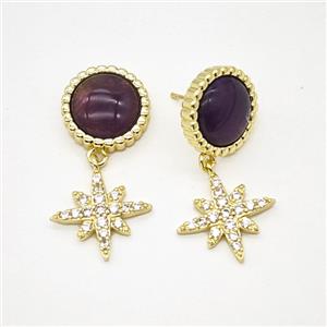 Copper Star Pendant Pave Zirconia Purple Amethyst Gold Plated, approx 16mm, 18mm