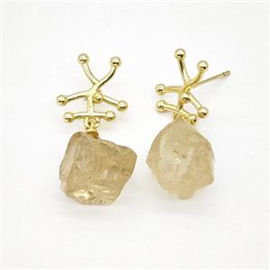 Lemon Quartz Nugget Stud Earrings Gold Plated, approx 13-16mm