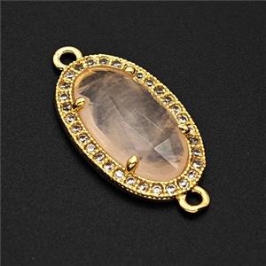 Natural Rose Quartz Oval Connector Copper Pave Zirconia Gold Plated, approx 12-19mm