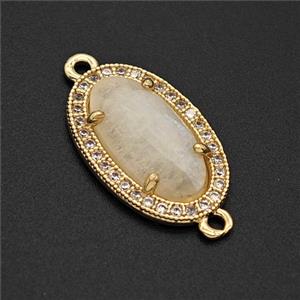 Natural White Moonstone Oval Connector Copper Pave Zirconia Gold Plated, approx 12-19mm