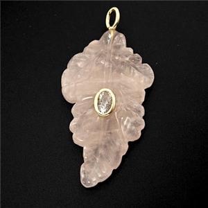 Pink Rose Quartz Leaf Pendant Pave Zirconia, approx 25-40mm