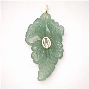 Green Aventurine Leaf Pendant Pave Zirconia, approx 25-40mm
