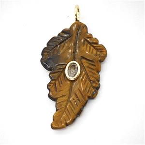 Tiger Eye Stone Leaf Pendant Pave Zirconia, approx 25-40mm