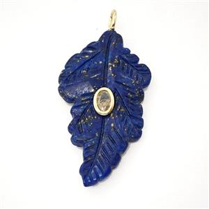 Blue Lapis Lazuli Leaf Pendant Pave Zirconia, approx 25-40mm