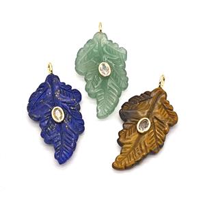 Natural Gemstone Leaf Pendant Pave Zirconia Mixed, approx 25-40mm