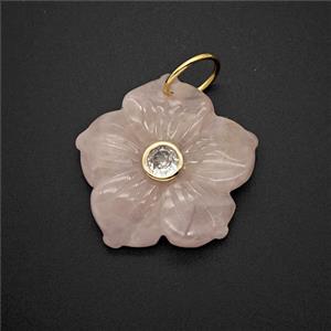 Pink Rose Quartz Flower Pendant Pave Zirconia, approx 30mm