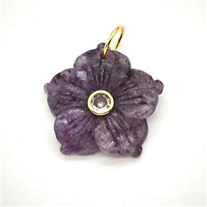 Purple Lepidolite Flower Pendant Pave Zirconia, approx 30mm