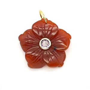 Red Carnelian Agate Flower Pendant Pave Zirconia, approx 30mm