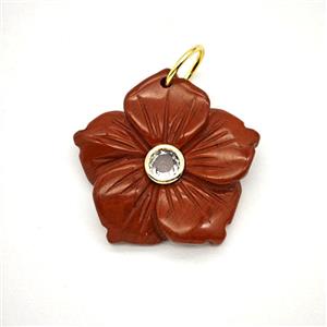 Natural Red Jasper Flower Pendant Pave Zirconia, approx 30mm