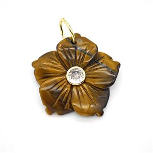 Tiger Eye Stone Flower Pendant Pave Zirconia, approx 30mm