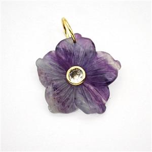 Natural Purple Fluorite Flower Pendant Pave Zirconia, approx 30mm