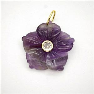 Purple Amethyst Flower Pendant Pave Zirconia, approx 30mm