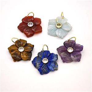 Natural Gemstone Flower Pendant Pave Zirconia Mixed, approx 30mm