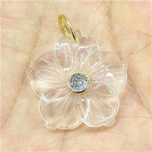 Clear Quartz Flower Pendant Pave Zirconia, approx 30mm