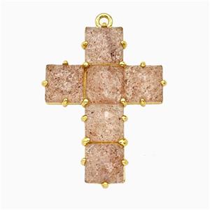 Pink Strawberry Quartz Cross Pendant Gold Plated, approx 25-35mm