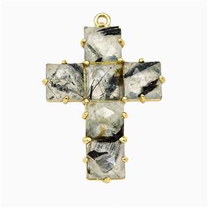 Green Prehnite Cross Pendant Gold Plated, approx 25-35mm