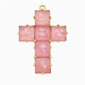 Pink Dye Jade Cross Pendant Gold Plated, approx 25-35mm