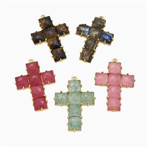 Natural Gemstne Cross Pendant Gold Plated Mixed, approx 25-35mm