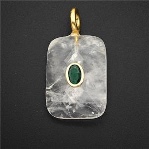 Natural Clear Quartz Rectangle Pendant Pave Zirconia, approx 20-25mm
