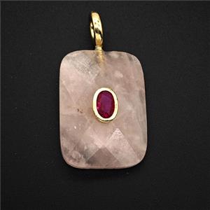 Natural Pink Rose Quartz Rectangle Pendant Pave Zirconia, approx 20-25mm