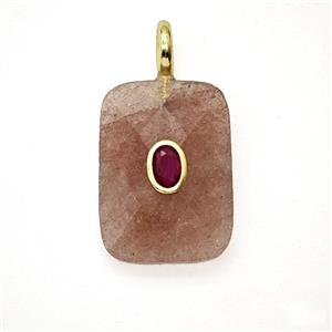 Natural Pink Strawberry Quartz Rectangle Pendant Pave Zirconia, approx 20-25mm