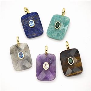 Natural Gemstone Rectangle Pendant Pave Zirconia Mixed, approx 20-25mm