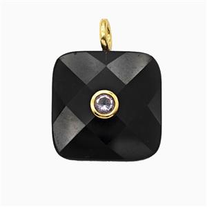 Natural Black Obsidian Square Pendant Pave Zirconia, approx 25mm