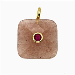 Natural Pink Strawberry Quartz Square Pendant Pave Zirconia, approx 25mm