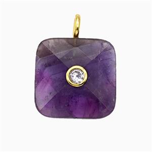 Natural Purple Amethyst Square Pendant Pave Zirconia, approx 25mm