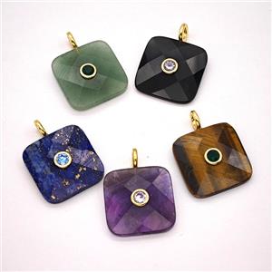 Natural Gemstone Square Pendant Pave Zirconia Mixed, approx 25mm