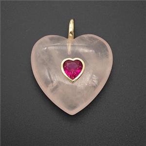 Natural Pink Rose Quartz Heart Pendant Pave Zirconia, approx 25mm