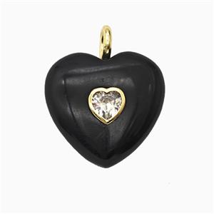 Natural Black Obsidian Heart Pendant Pave Zirconia, approx 25mm