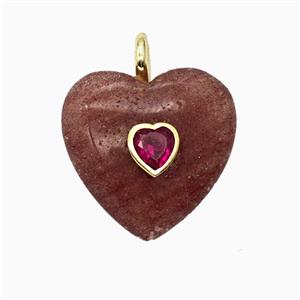 Natural Strawberry Quartz Heart Pendant Pave Zirconia, approx 25mm
