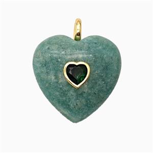 Natural Green Amazonite Heart Pendant Pave Zirconia, approx 25mm